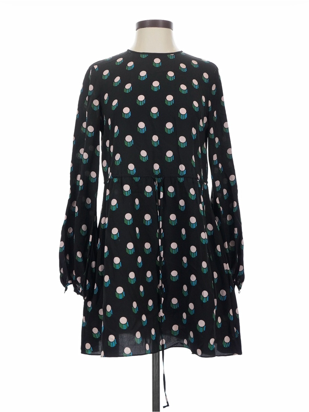 Diane Von Furstenberg Black Long Sleeve Swing Dress with Teal & Light Pink Dots